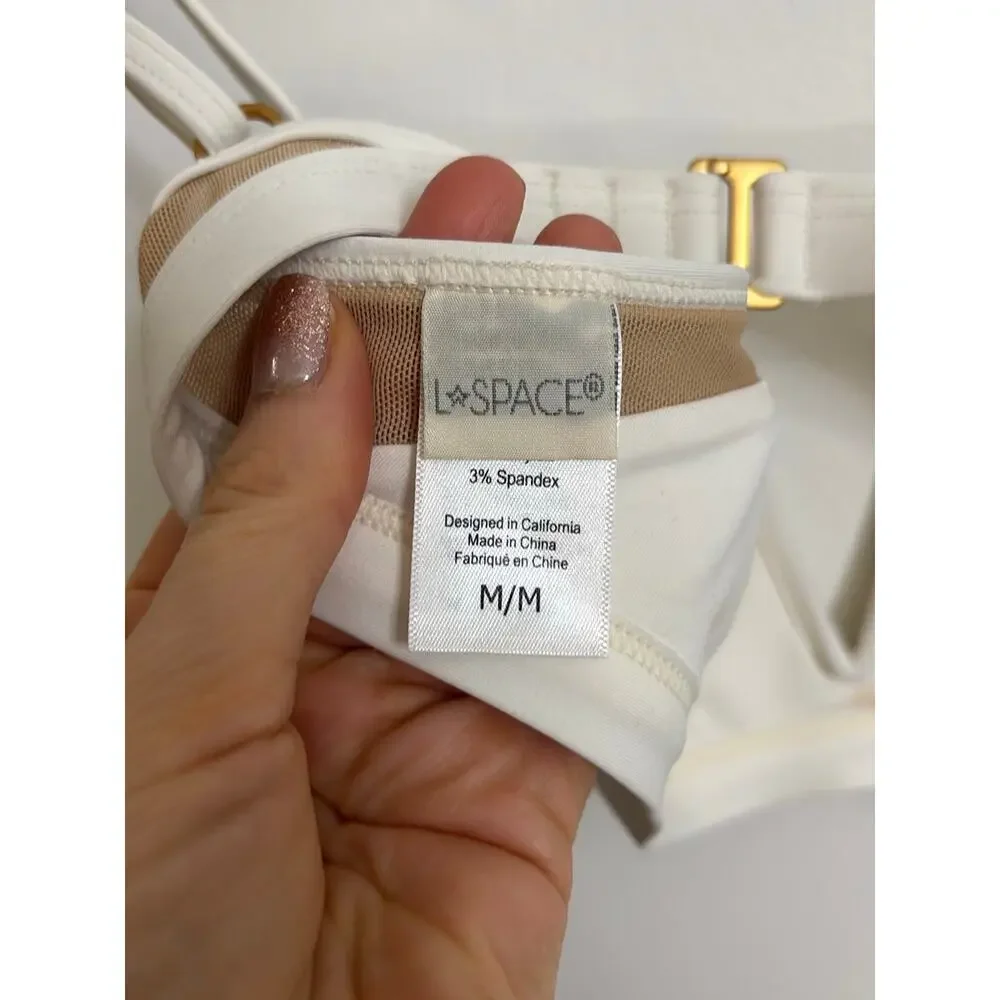 L*Space Bikini Top Womens Medium White Ribbed Mesh Plunge V-Neck Adjustable
